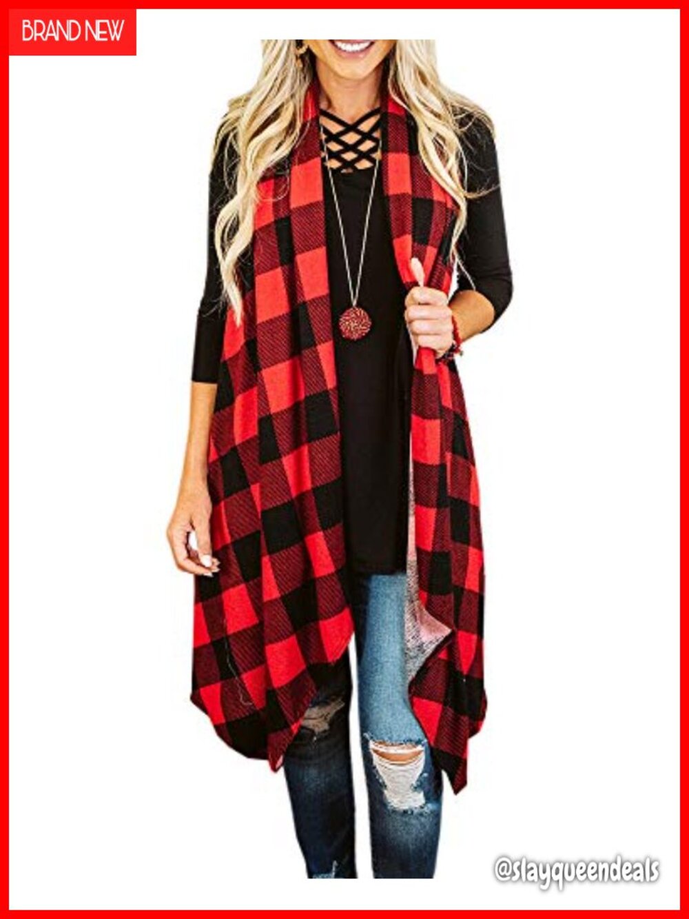 Womens Plaid Open Front Sleeveless Duster Cardigan Sweater Vest with Pockets